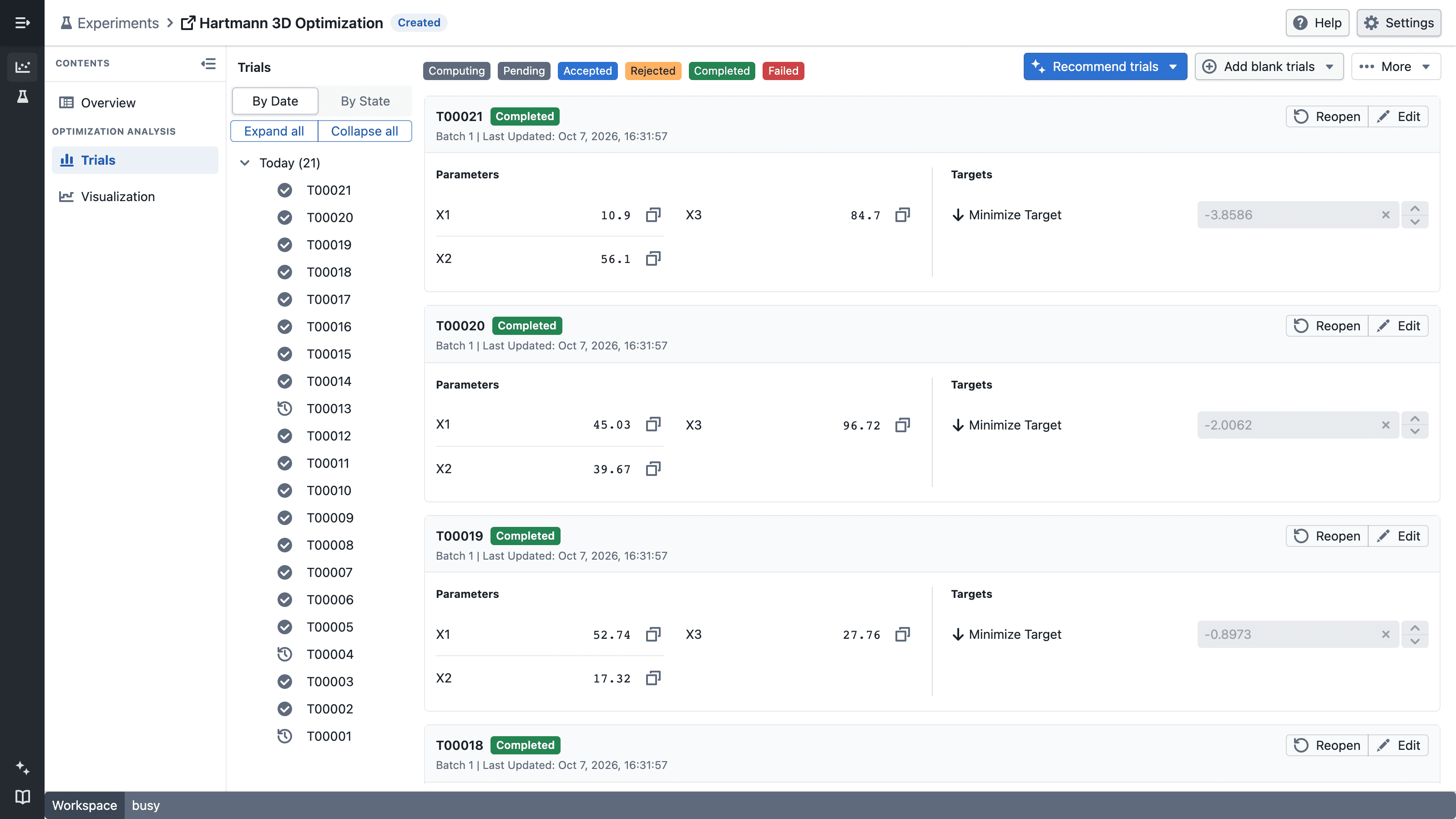 Experiment Trials page containing completed and open trials