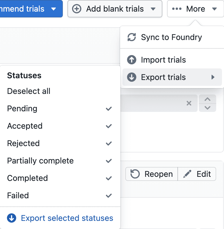 Trial actions showing Sync to Foundry and the Export trials status filters